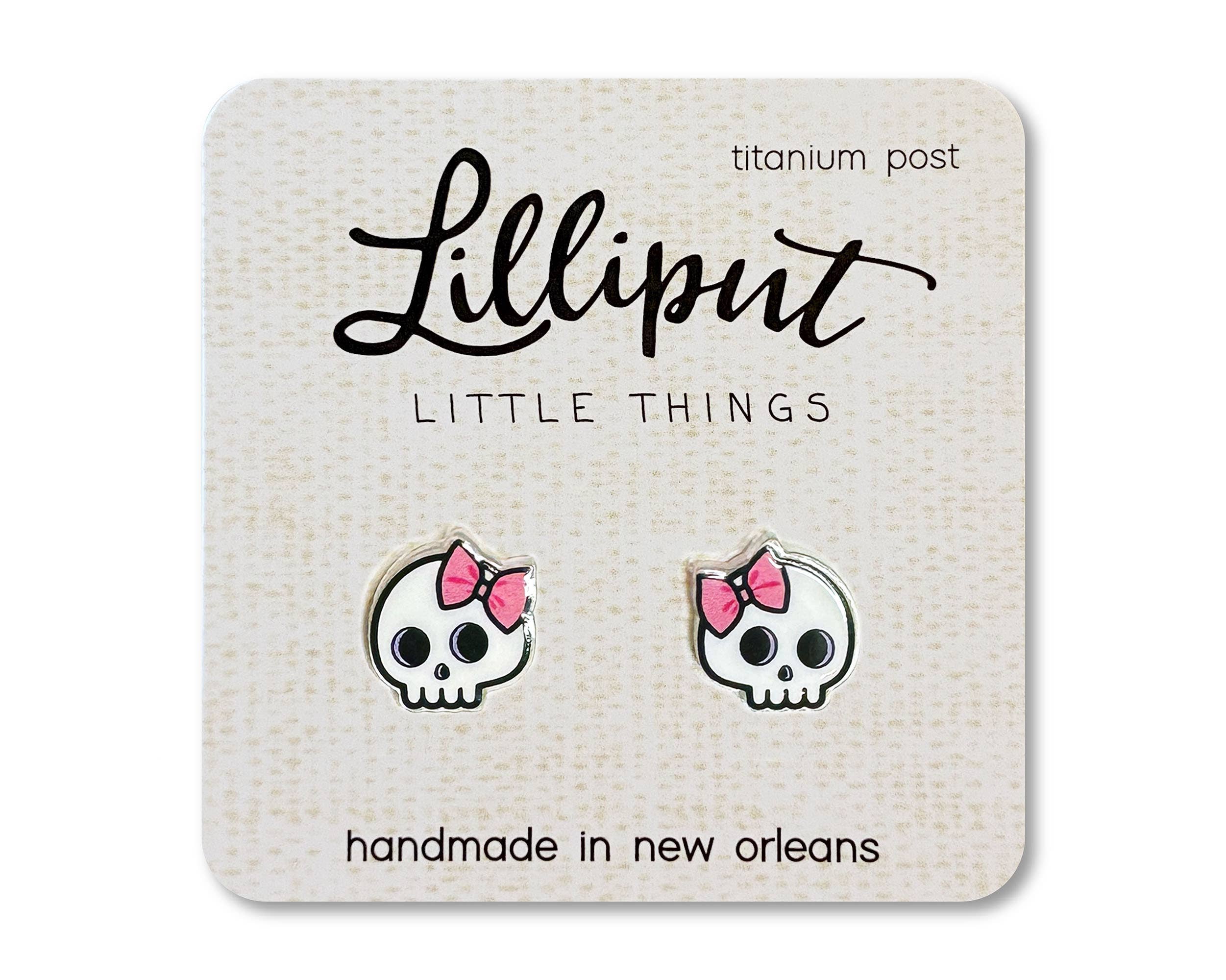 Lilliput Cute Skull w/ Pink Bow Earrings